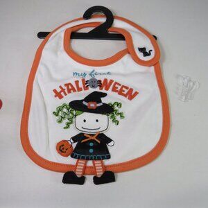 Baby Bib My First Halloween w embroidered witch, black cat & jack-o'-lantern